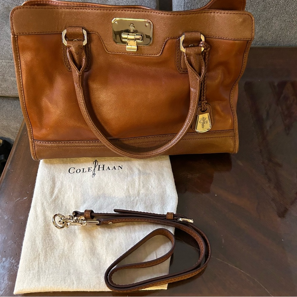 Cole Haan | Vintage Valise Kendra E/W Tote Brown Leather Vibrant Orange Lining - Picture 10 of 16